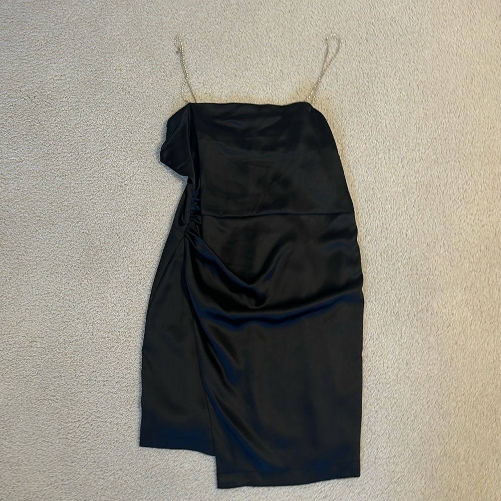 Black satin dress with ruching and rhinestone strap